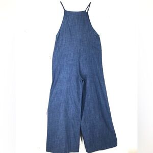 Bibbed overalls one piece jeans chambray denim womens size small wide leg boho